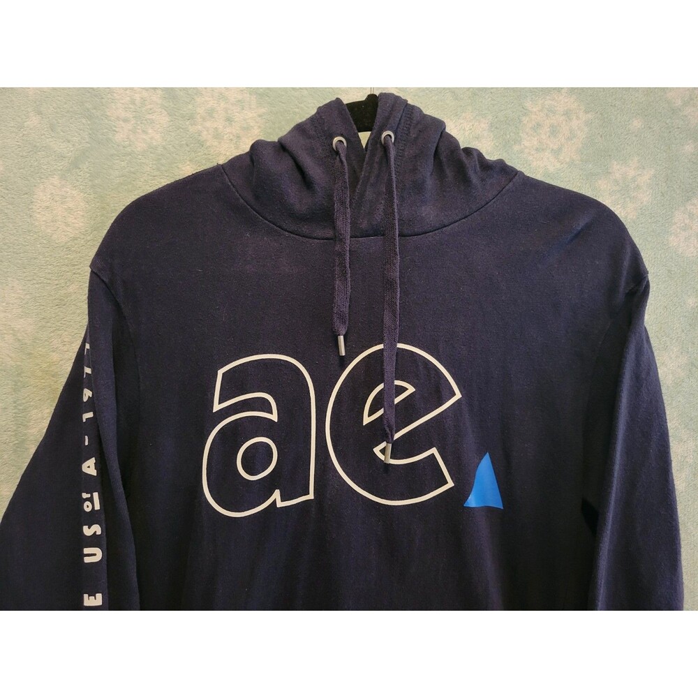 American Eagle Hoodie Shirt Men Med Blue Graphic Spell Out Lightweight Jersey